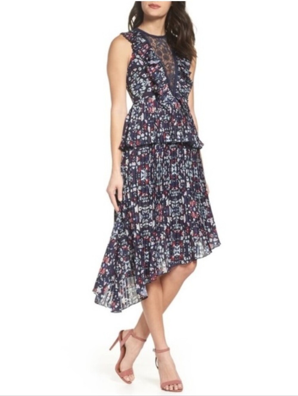Foxiedox Navy Floral Lace-Trim Dress with Pink & Red Accents